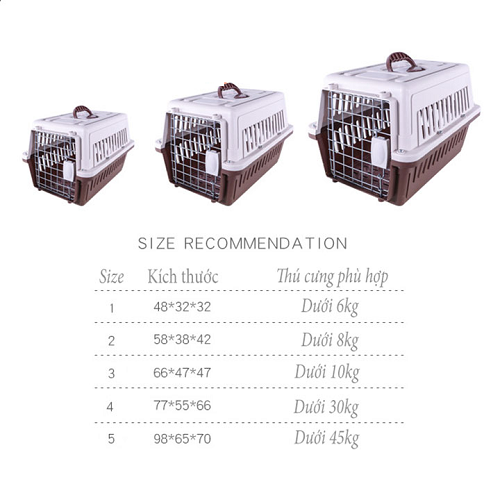 Bảng size lồng vận chuyển cho chó mèo theo cân nặng từ dưới 6kg đến 45kg