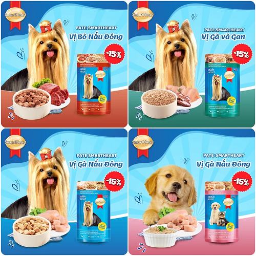 Pate SmartHeart cho chó với các vị: bò nấu đông, gà và gan, gà nấu đông