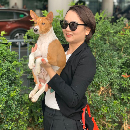 Người phụ nữ bế chó Basenji vàng trắng trước tòa nhà