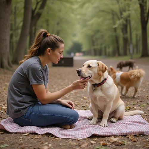 Chủ chăm sóc chó trong công viên, biểu hiện sự quan tâm giúp phòng tránh bệnh.