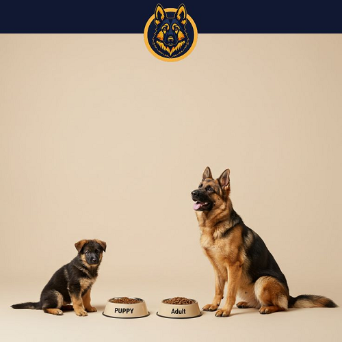 Chó Bécgie con và trưởng thành với hai tô thức ăn puppy và adult