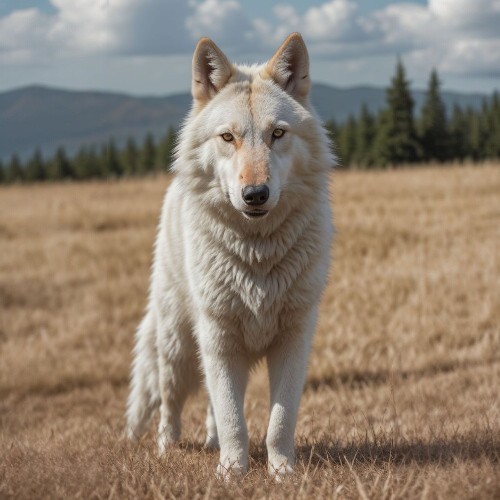 Chó lai sói Wolf Hybrid đứng trên đồng cỏ hoang dã dưới ánh sáng tự nhiên.