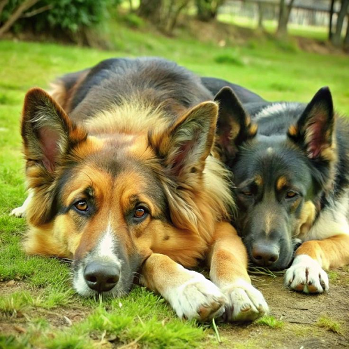 Hai chú chó Border Collie lai Becgie nằm trên bãi cỏ
