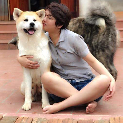 Người phụ nữ ôm chó Akita Inu trưởng thành, thân thiết và vui vẻ trên bậc thềm nhà, có chó Akita vện phía sau