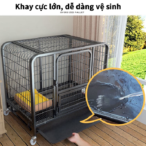 Chuồng sắt khung tròn có bánh xe và khay vệ sinh cho chó lớn