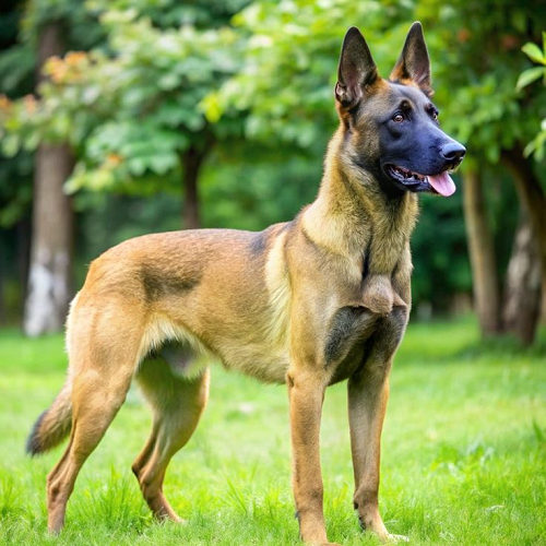 Chó Belgian Malinois đứng trên cỏ, nhìn về phía trước