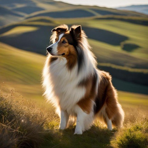 Chó Shetland đứng giữa vùng đồng cỏ xanh mát dưới ánh nắng nhẹ.