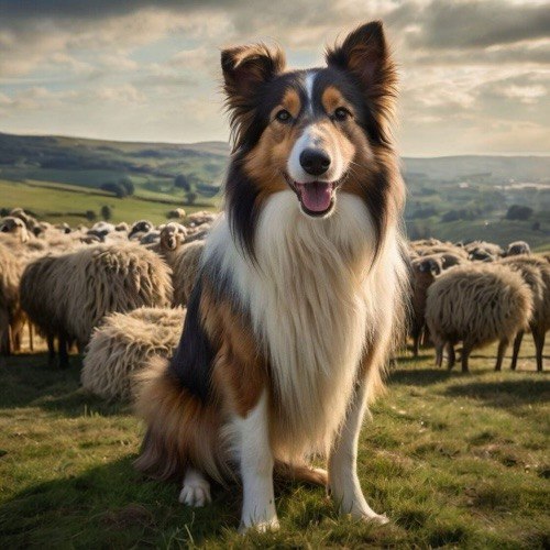 Chó Shetland ngồi giữa đàn cừu trên đồng cỏ xanh.
