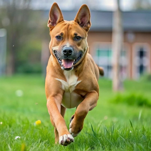 Chó Pitbull lai Becgie đang chạy trên bãi cỏ xanh
