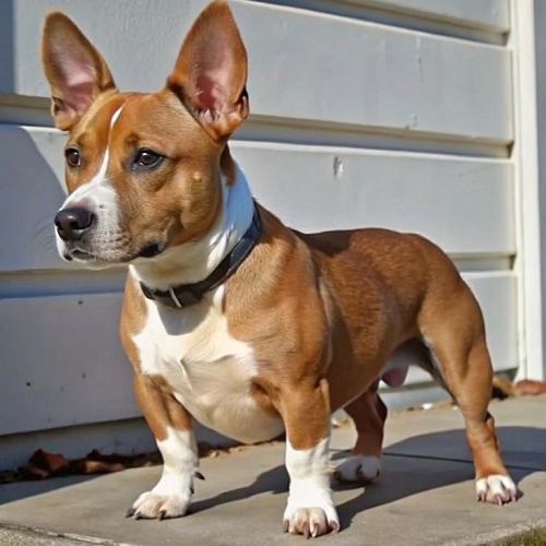 Chó Pitbull lai Corgi lùn, tai dựng, lông nâu trắng, đứng trước nhà.