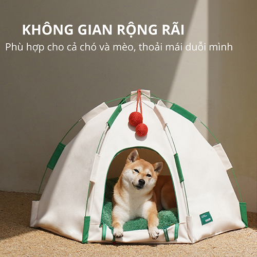 Lều vải cho chó mèo rộng rãi, có đệm và đồ chơi treo bên trong