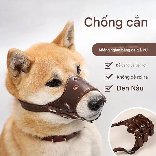 Rọ mõm chó da PU màu nâu chống cắn, an toàn khi ra ngoài