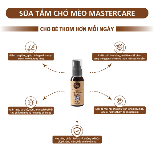 Sữa tắm Mastercare cho mèo giúp lông mượt, thơm lâu, bảo vệ da.