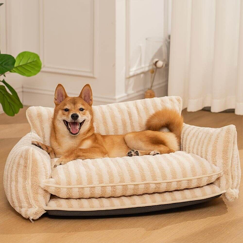 Giường sofa cho chó nệm nhung kẻ sọc êm ái màu kem