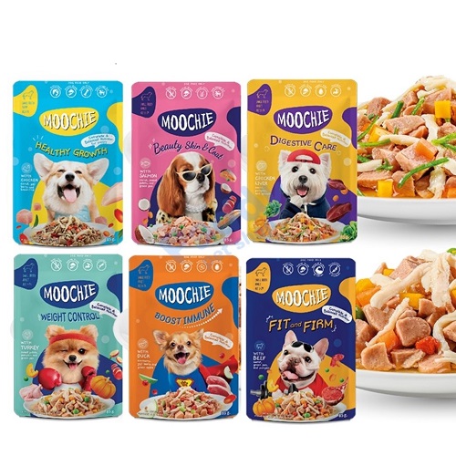 Pate Moochie nhập khẩu từ Thái Lan, giàu dinh dưỡng, không chứa ngũ cốc, hỗ trợ tiêu hóa và tăng cường sức khỏe cho chó Poodle.