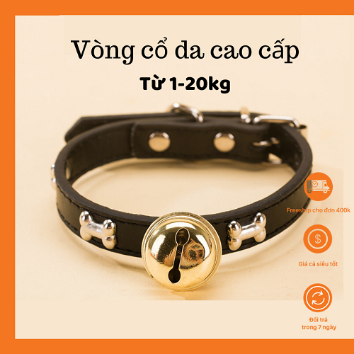 Vòng cổ da cho chó, có chuông, cho chó từ 1-20kg.